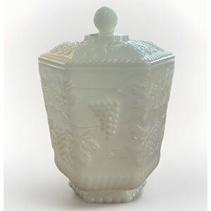 Vintage Anchor Hocking Fire-King Milk Glass Cookie Biscuit Jar Grapevine Pattern